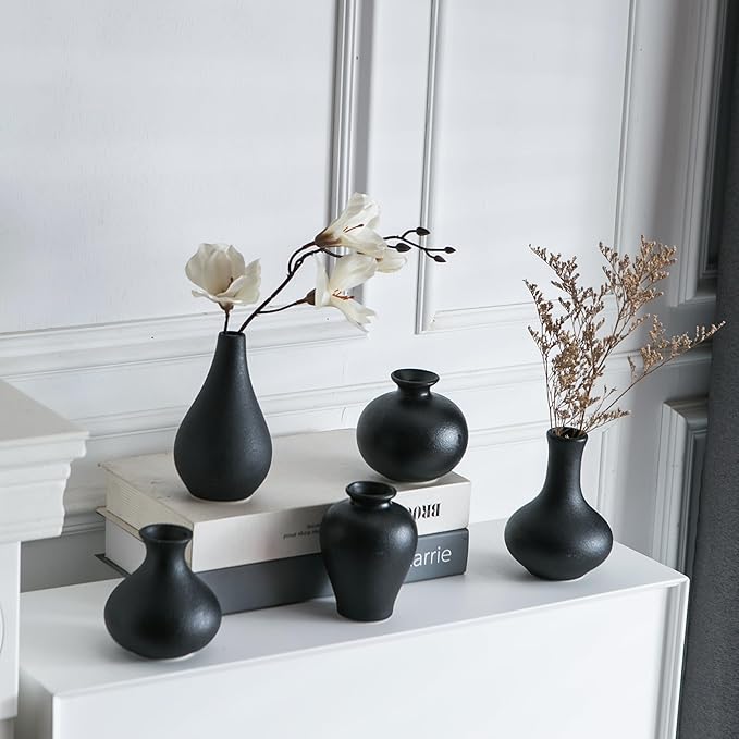 Tanvecle Small Black Vases, Ceramic Bud Vase Set of 5, Mini Pottery Vases for Pampas Grass, Flowers, Decorative Vases for Home Modern Decor, Rustic Decor, Veses for Living Room Dining Table Shelves
