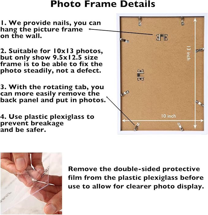 10x13 White Picture Frame Set of 2, Horizontal and Vertical Formats for Wall Hanging, 10 x 13 Wall Gallery Poster Photo Frames with Shatter Resistant Plexiglass, 2 Pack, White