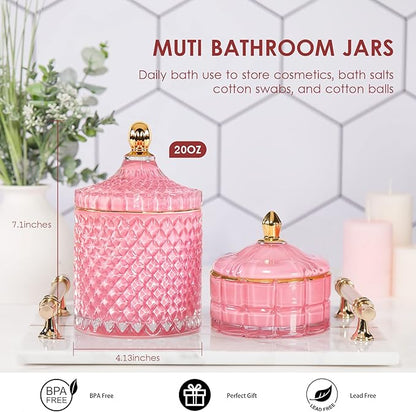 Candy Cookie Jar Candy Dish with Lid, Apothecary Jars with Lids for Bathroom Pink Decor Aesthetic Room Decor， Glass Decorative jar for Storage Cotton Swab or Cotton Rounds (20oz)