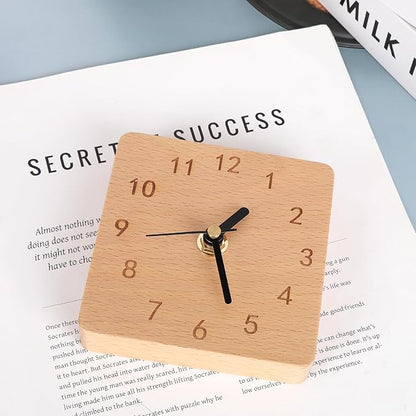 Wooden Desk Clock, 4 inch Small Analog Clock Desktop Decoration, Modern Desk and Shelf Clock, Silent Non-Ticking Battery Operated Table Clock, Mantel Clock for Office, Living Room, Bedroom