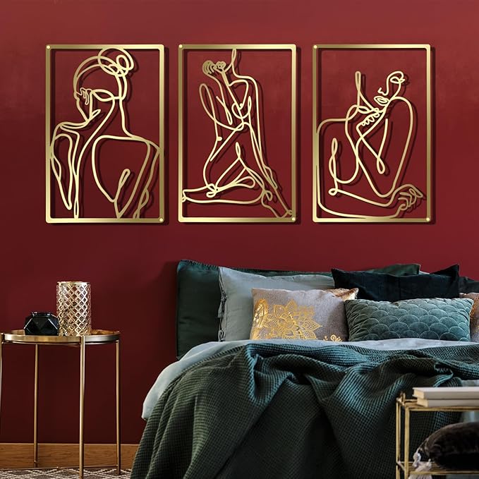 CHENGU 3 Pieces Gold Wall Decor Minimalist Wall Art Metal Line Wall Art Wall Decor for Bedroom Single Line Female for Kitchen Bathroom Living Room(Bright Style)