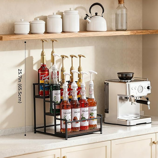 Coffee Syrup Rack Organizer, 3-Tier 12 Syrup Bottles Holder Stand for Coffee Bar, Liquor Bottle Display Shelf Bar Shelf Stand Countertop Rack for Syrup, Wine, Spice