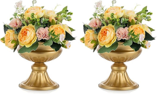 Nuptio Gold Vases for Centerpieces Wedding - 2 Pcs 6.5in Height Metal Urn Planter for Tables - Trumpet Vase for Party Decoration