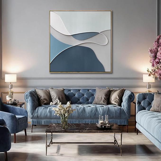 LEVERUP Blue Painting Artwork Canvas Abstract Wall Art Posters for Room Aesthetic Grey Wall Decor for Living Room Bedroom Hotel 36×36 Inch Easy To Hang