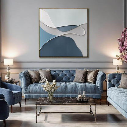 LEVERUP Blue Painting Artwork Canvas Abstract Wall Art Posters for Room Aesthetic Grey Wall Decor for Living Room Bedroom Hotel 36×36 Inch Easy To Hang