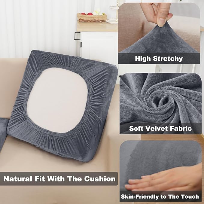 NAISI Sectional Couch Cover 3 Pieces Velvet Separate Couch Cushion Covers L Shape Soft Stretch Sofa Slipcovers with 2pcs Pillowcases for Left/Right Chaise Sectional Couch(2 Seater+1 Chaise,Dark Grey)
