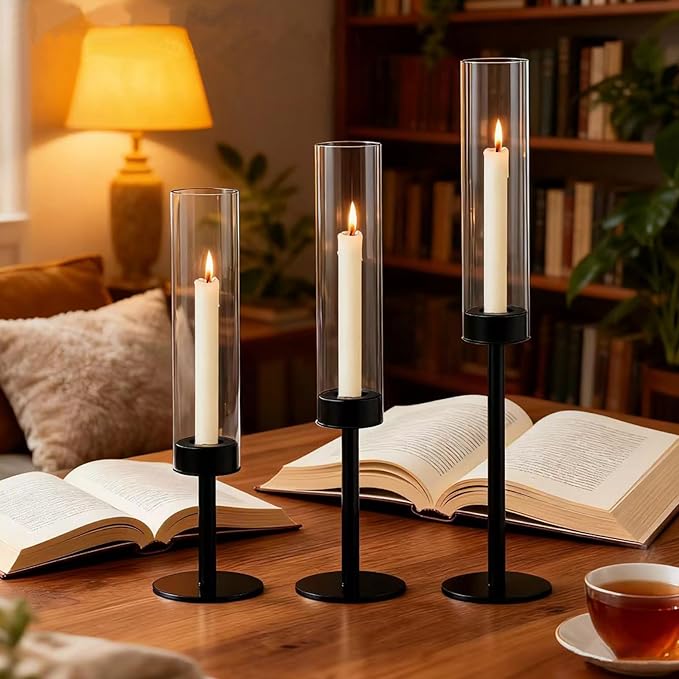 6 Black Candle Holders Set – Modern Candlestick Holders for Dining Room Decor, Candle Stick Holder Set for Weddings, Centerpieces for Tables, Gift for Home Decor, Coffee Table Candle Holder Decor