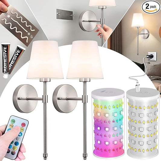 Battery Operated Wall Sconce: Peel and Stick Adhesives Stick On Non Drill Wall Light, Rechargeable Wireless Wall Lamp with Battery Corn Bulb for Bedroom Wall Decor (Gold,20inch)