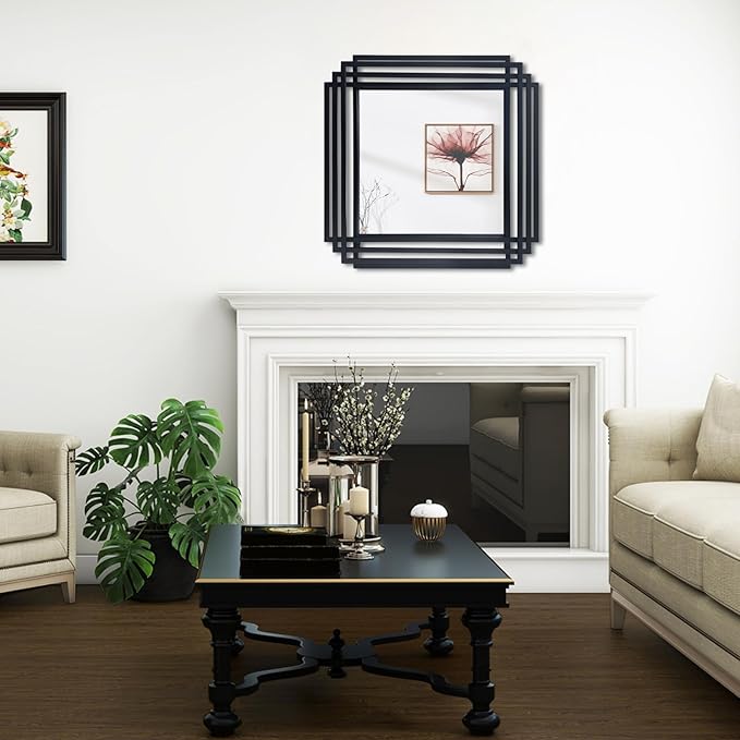 Modern Vanity Mirror, 24"x24" Geometric Art Deco Mirror with Black Metal Frame, Square Elegant Wall Mirrors for Living Room Bathroom Bedroom Entryway Hallway Fireplace