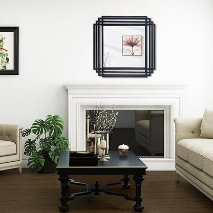 Modern Vanity Mirror, 24"x24" Geometric Art Deco Mirror with Black Metal Frame, Square Elegant Wall Mirrors for Living Room Bathroom Bedroom Entryway Hallway Fireplace