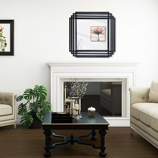 Modern Vanity Mirror, 24"x24" Geometric Art Deco Mirror with Black Metal Frame, Square Elegant Wall Mirrors for Living Room Bathroom Bedroom Entryway Hallway Fireplace