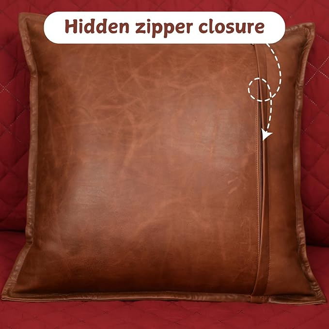 Lambskin Leather Pillow Cover - Sofa Cushion Case - Decorative Throw Covers for Living Room & Bedroom, 20x20 Inches - Tan Orange Box Pack of 1