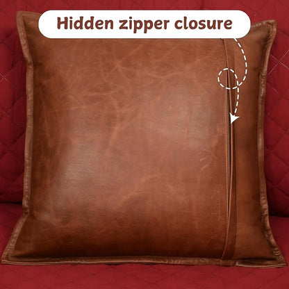 Lambskin Leather Pillow Cover - Sofa Cushion Case - Decorative Throw Covers for Living Room & Bedroom, 18x18 Inches - Tan Orange Box Pack of 2