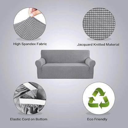 H.VERSAILTEX Stretch Couch Covers for Sofa 1 Piece Slipcovers for Couches and Sofas 3 Seater Couch Cover Feature Thick Checked Jacquard Fabric with Elastic Bottom(Large Sofa 90"-100" Wide, Dove)