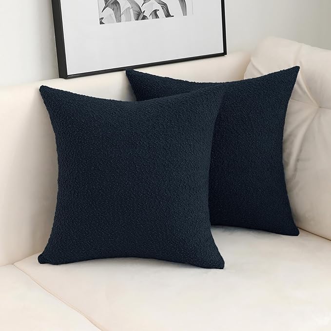 Jeneoo Dark Blue Decorative Square Thick Throw Pillow Covers Fine Textured Boucle Navy Couch Cushion Case for Livingroom Sofa Decor, Set of 2, 20 x 20 Inch