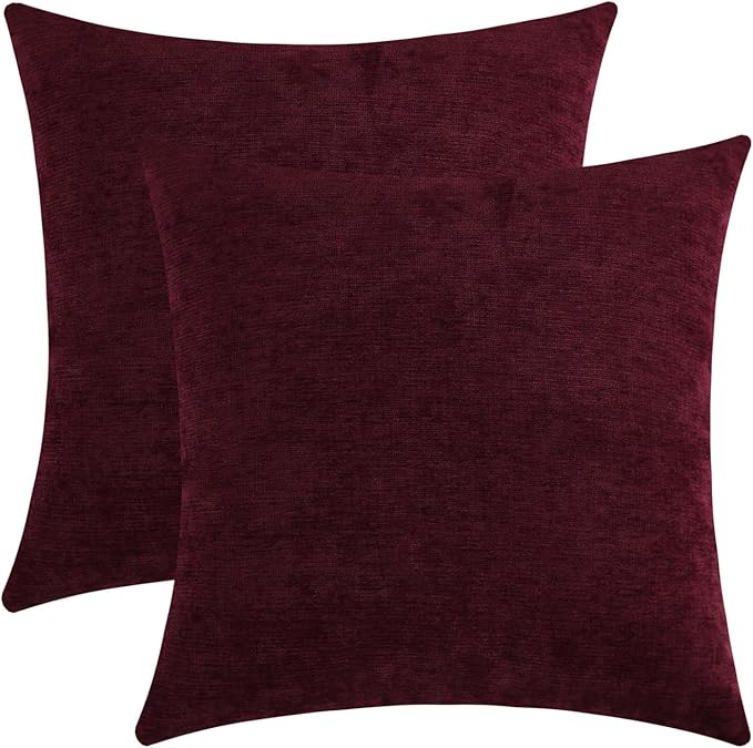 Burgundy Red Chenille Decorative Couch Lumbar Throw Pillow Covers, Soft Cushion Cases for Home Livingroom Sofa Décor, Pack of 2, 16 x 16 Inches