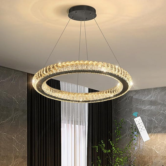 Crystal Ring Chandelier Black Modern LED Pendant Lights for Dining Room Remote Dimmable Hanging Light Kitchen Island Entrance Bedroom Lighting Chandeliers