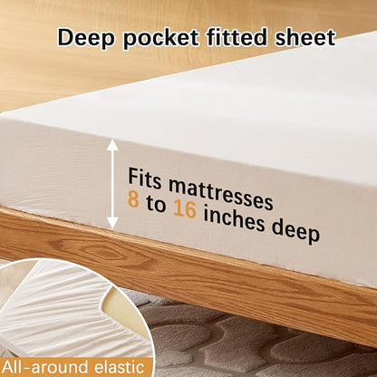 Sheets Queen Size Bed Set Cotton Bed Sheets Gauze 4 Pcs White Sheet Set 16" Deep Pocket Sheet & Pillowcase Sets Boho Muslin Sheets Soft Queen All Season Bedding Sets