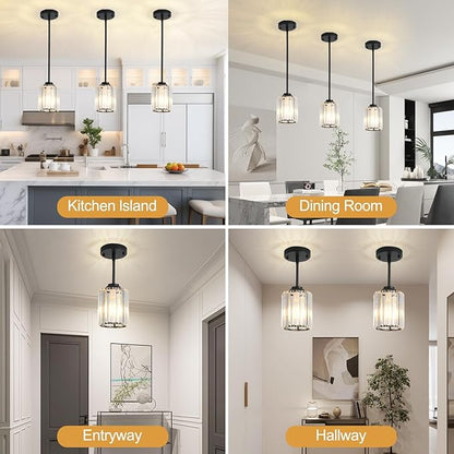 Black Pendant Lights Kitchen Island 3 Pack,Modern Crystal Mini Chandelier Ceiling Hanging Pendant Light Fixtures for Kitchen Hallway Dining Room Bedroom