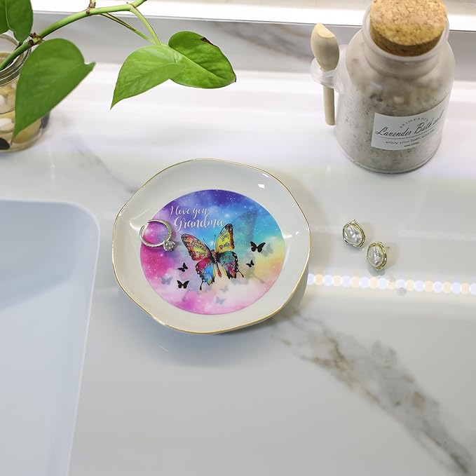 HOME SMILE I Love You Grandma Jewelry Ring Dish Tray with Dynamic Butterfly Pattern Shifts for Grandmother,Unique Mother's Day Gifts for Nana