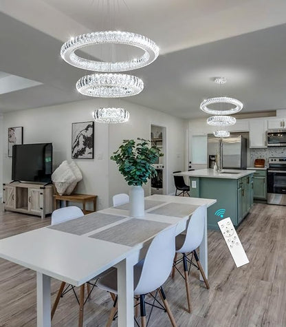 3 Rings LED Chandelier Modern Dimmable Dining Room Chanderliers Entryway Crystal Pendant Lights for Kitchen Bedroom Living Room Silver Light