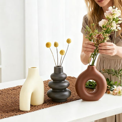 Ceramic Farmhouse Vase Set of 3, Rustic Centerpiece Vases for Fresh Dried Flowers Pampas Grass Bouquets, Boho Home Decor for Living Room Kitchen Entryway Table Mantel, Wedding Decor