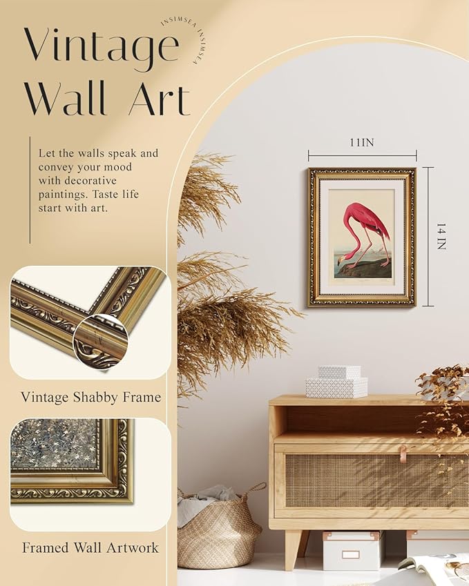 InSimSea Gold Framed Canvas Wall Art Room Decor Flamingo Classic Wildlife Print Wall Pictures Elegant Home Decor for Bedroom Bathroom Dining Room – 14L X 11W