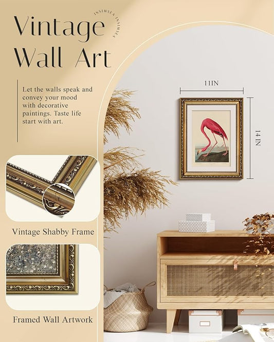 InSimSea Gold Framed Canvas Wall Art Room Decor Flamingo Classic Wildlife Print Wall Pictures Elegant Home Decor for Bedroom Bathroom Dining Room – 14L X 11W