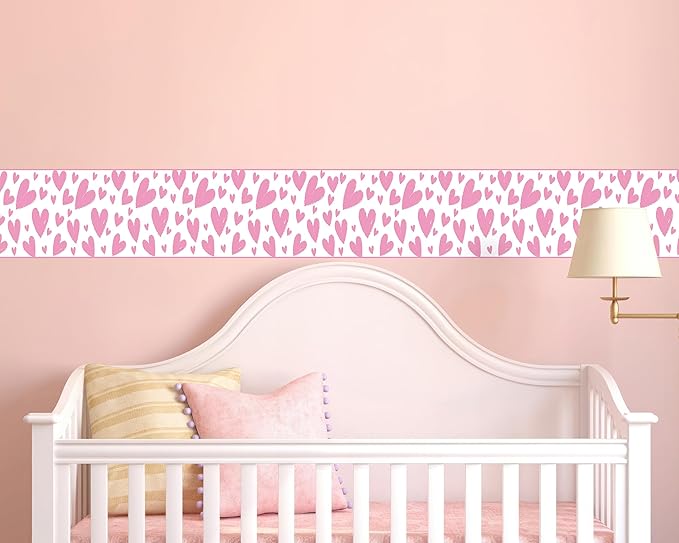 FLFK Pink Heart Wallpaper Border - Peel and Stick Wall Paper, Self Adhesive Removable PVC Borders Sticker, Modern Waterproof Trim for Home Decor, 8" x 240"