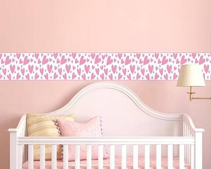 FLFK Pink Heart Wallpaper Border - Peel and Stick Wall Paper, Self Adhesive Removable PVC Borders Sticker, Modern Waterproof Trim for Home Decor, 8" x 240"