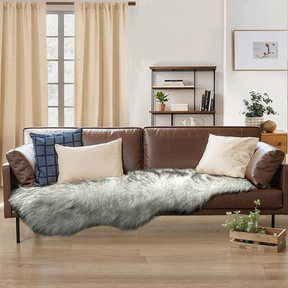 Ciicool Ultra Soft Faux Sheepskin Fur Rug Fluffy Rug for Bedroom Fuzzy Carpet for Living Room Kid's Room Nursery Decor, White Gradient Sliver Black 2 x 6 Feet