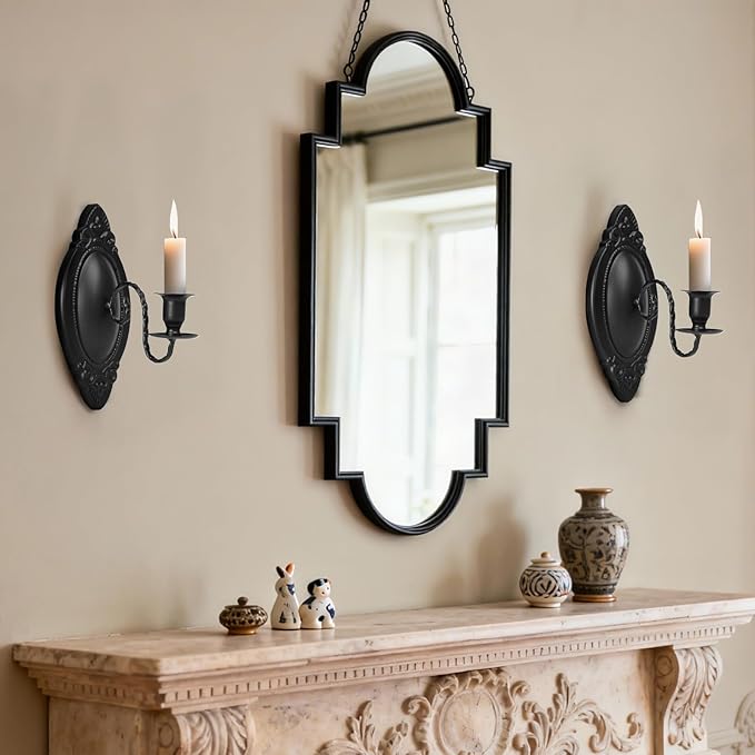 Black Candle Sconces Set of Two, Victorian Decor Royal Wall Sconce, Metal Rustic Candle Holder Baroque Home Wall Decor for Living Room, Dining Room, Bedroom, Fireplace, Hallway, Window