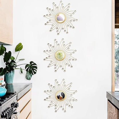 Uaussi 3 Pack Crystal Sunburst Wall Mirror Décor Rhinestone Mirrors Decorative Home Wall Art for Living Room Bedroom Entryway(Curle Burst Gold)
