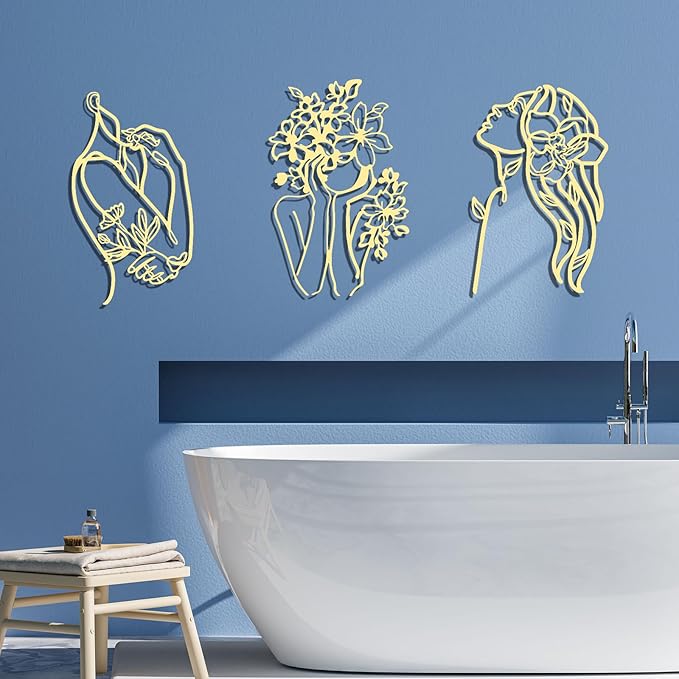 Photect 3 Pcs Metal Wall Art Decor Minimalist Abstract Woman Wall Art metal Modern Line Drawing Wall Art Decor Female Single Line Wall Home Hanging for Bedroom Bathroom Living Room, Gold(Romantic)