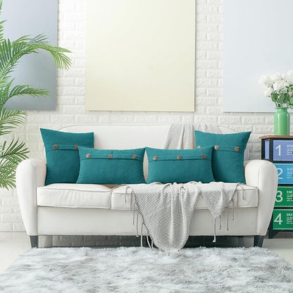 HWY 50 Teal Chenille Throw Pillow Covers 12x20 Inch with Triple Buttons, Soft Farmhouse Accent Decorative Cushion Cases for Couch Sofa Bed Living Room Pack of 2 Rectangle