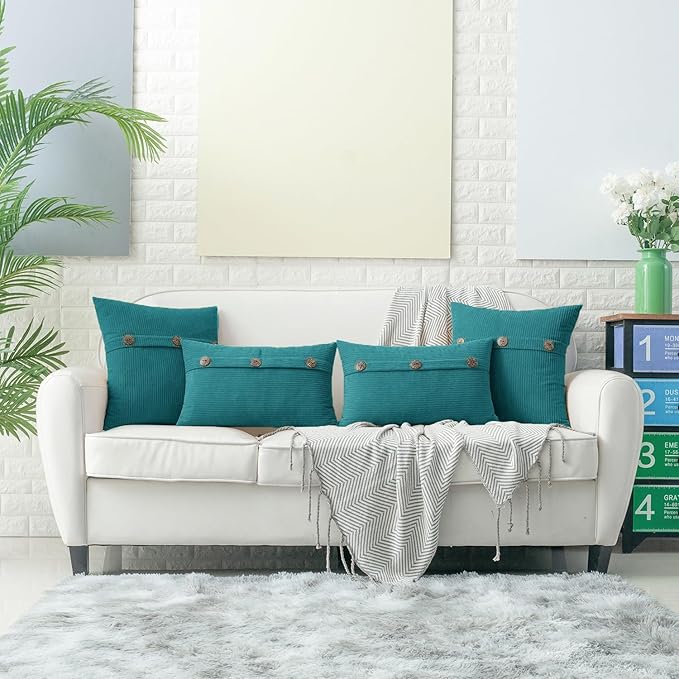 HWY 50 Teal Chenille Throw Pillow Covers 18x18 Inch with Triple Buttons, Soft Farmhouse Accent Decorative Cushion Cases for Couch Sofa Bed Living Room Bedroom Pack of 2