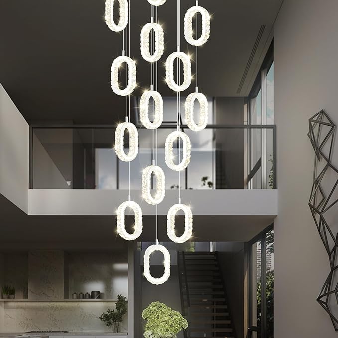 Large Ring Drop Chandelier for Stair Long Spiral Crystal Chandeliers for High Ceiling LED Crystal Ring Chandelier Dimmable 2700K-6000K 16-Light Silver
