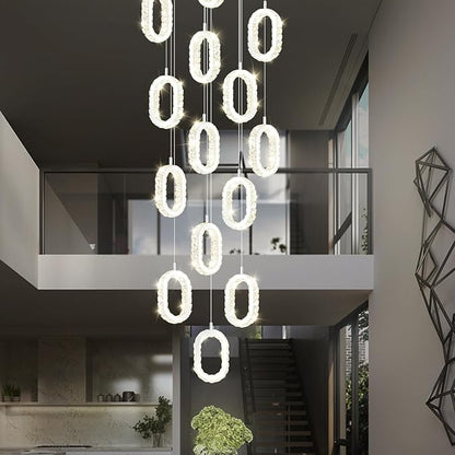 Large Ring Drop Chandelier for Stair Long Spiral Crystal Chandeliers for High Ceiling LED Crystal Ring Chandelier Dimmable 2700K-6000K 16-Light Silver