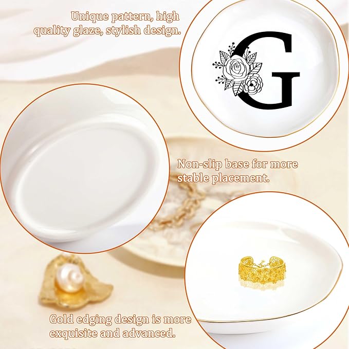 JoycuFF Initial G Ceramic Jewelry Tray, Bridesmaid Bride Gifts, Mothers Day Christmas Anniversary Engagement Birthday Gifts for Women Couples, Trinket Dish for Rings Earrings Necklaces Bracelets Keys