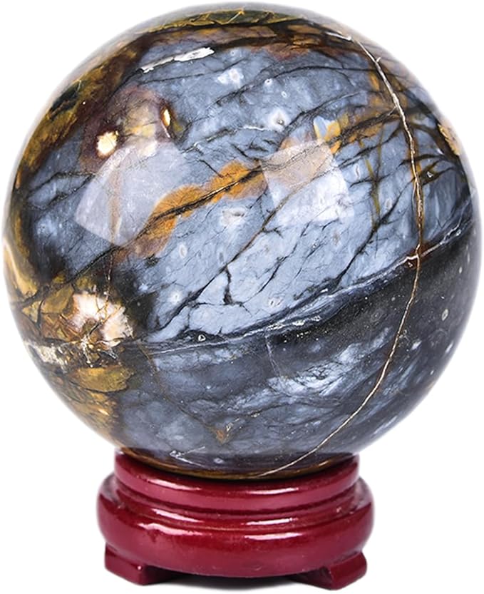 JIC Gem Pietersite Crystal Sphere with Wooden Stand, Blues and Golden Browns, 100-110mm