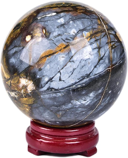 JIC Gem Pietersite Crystal Sphere with Wooden Stand, Blues and Golden Browns, 100-110mm