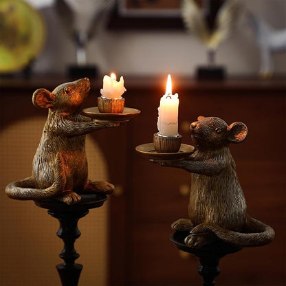 Mumufy Set of 2 Gold Antique Mouse Candle Holders Resin Candlestick Holder Table Decor for Living Room, Dinner, Fireplace Mantle, Christmas Decoration Vintage Decorative Table Centerpiece, Home Party