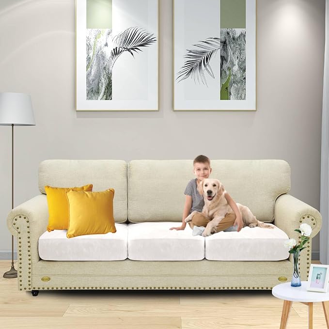 MAXIJIN Velvet Stretch Seat Cushion Covers Couch Cushion Cover for Individual Cushions Sofa Seat Cushion Slipcovers with Elastic Bottom (3 Piece XL Sofa Cushion Covers, White)
