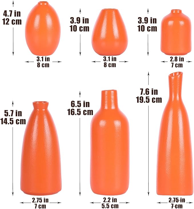Matte Orange Vase Set of 6 - Bud Vases in Bulk, Modern Minimalist Flower Vases for Home Decor, Ceramic Mantle Vase Set, Rustic & Boho Centerpiece Vases for Entryway Table, Shelf, Living, or Bathroom