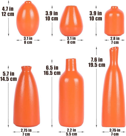 Matte Orange Vase Set of 6 - Bud Vases in Bulk, Modern Minimalist Flower Vases for Home Decor, Ceramic Mantle Vase Set, Rustic & Boho Centerpiece Vases for Entryway Table, Shelf, Living, or Bathroom