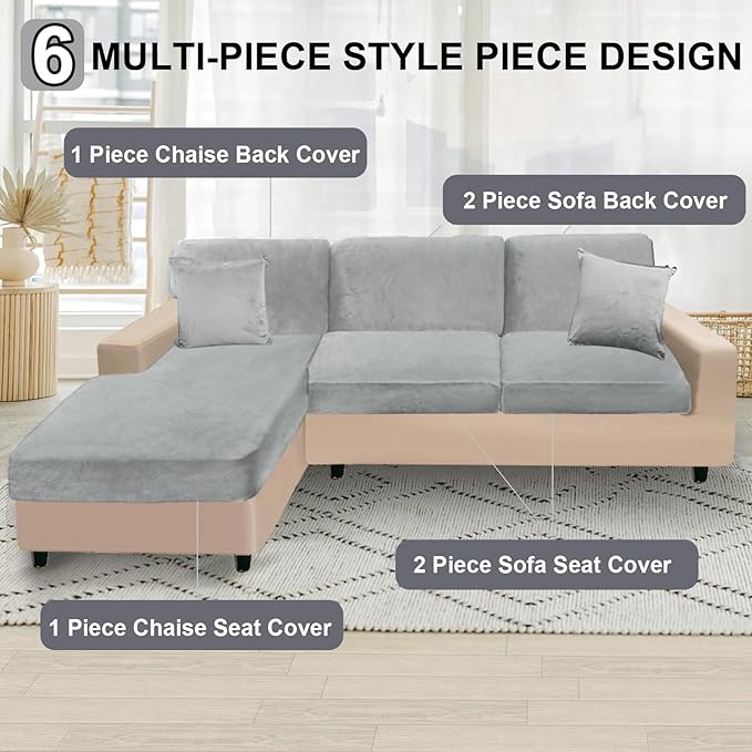 NAISI Sectional Couch Covers 6 Pieces Velvet Couch Cushion Covers L Shape Soft Stretch Sofa Slipcovers with 2pcs Pillowcases for Left/Right Chaise Sectional Couch(2 Seater+1 Chaise+3 Back,Light Grey)
