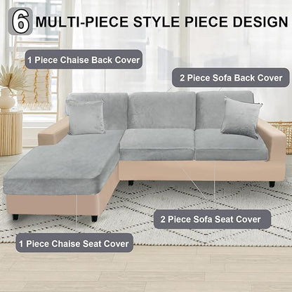 NAISI Sectional Couch Covers 6 Pieces Velvet Couch Cushion Covers L Shape Soft Stretch Sofa Slipcovers with 2pcs Pillowcases for Left/Right Chaise Sectional Couch(2 Seater+1 Chaise+3 Back,Light Grey)