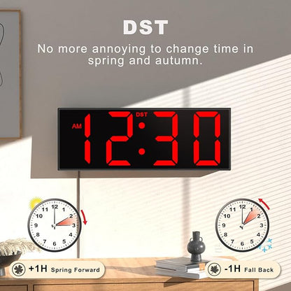 JALL 12'' Large Digital Wall Clock, Big LED Number Dispaly, RGB Colors, DST, Night Light for Classroom Living Room Bedroom Mounted Birthday Xmas Gift for Senior, Black Shell, Red Font