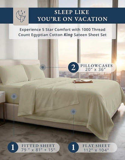 100% Egyptian Cotton King Size Bed Sheets - Premium 1000 Thread Count Breathable, Cooling & Durable 15" Deep Pocket King Sheets, Ultra-Soft Hotel Comfort, Silky Sateen Luxury You Can Feel - Linen