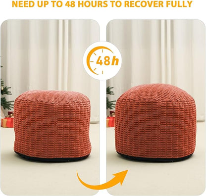 Round Stuffed Pouf Ottoman for Foot Rest, Storage Ottoman Pouf Foot Stool Cushion, Faux Fur Poufs with Foam Chunk Filling, 20 X 15 Inch Floor Chair for Living Room Bedroom Home Decor, Coral Orange